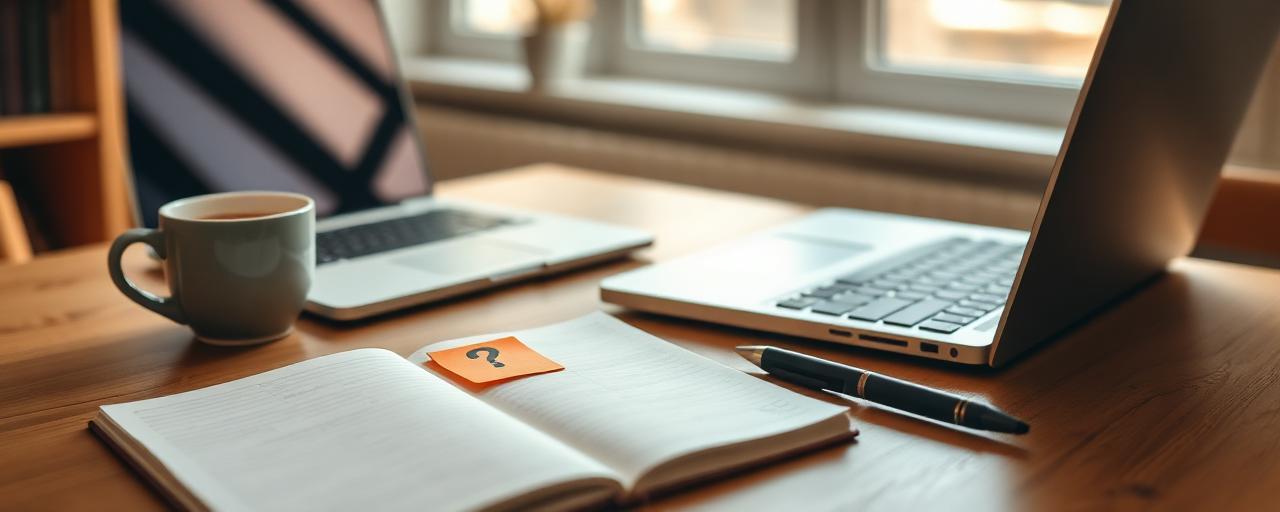 A teacher's desk with a laptop, notebook, and tea