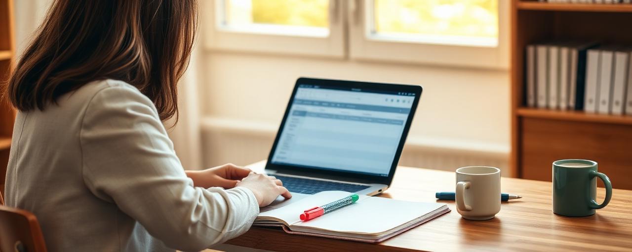 A teacher reviewing a weekly lesson plan on a laptop