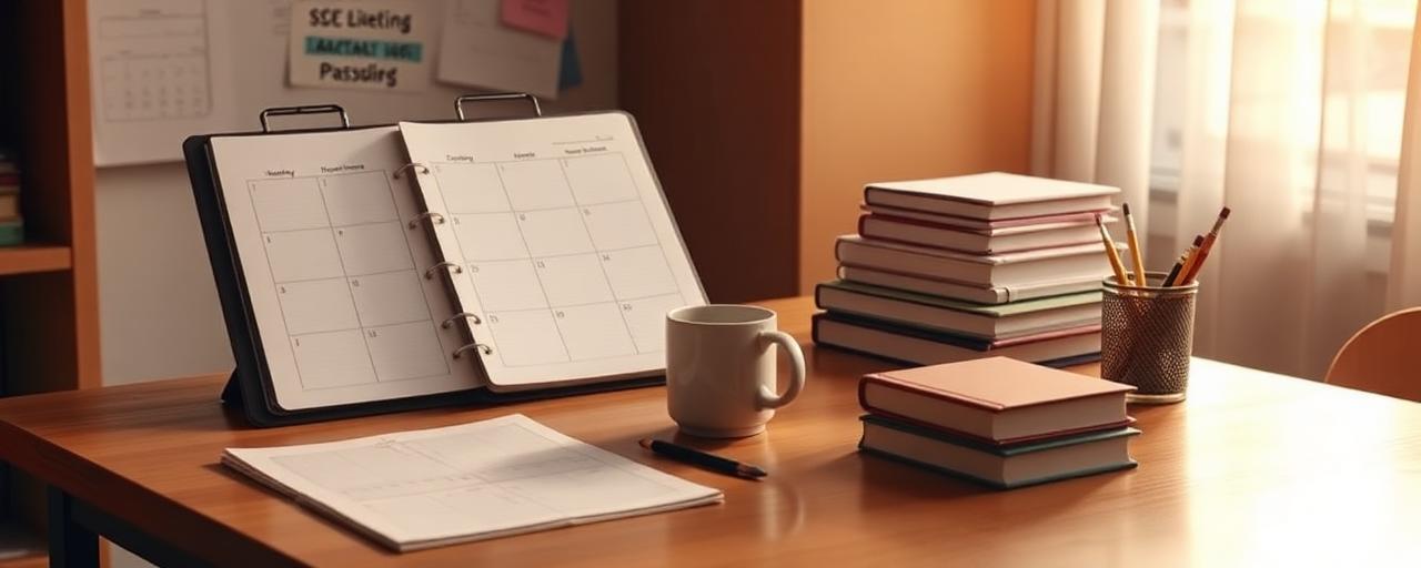 A clean teacher's desk with a weekly planner and coffee