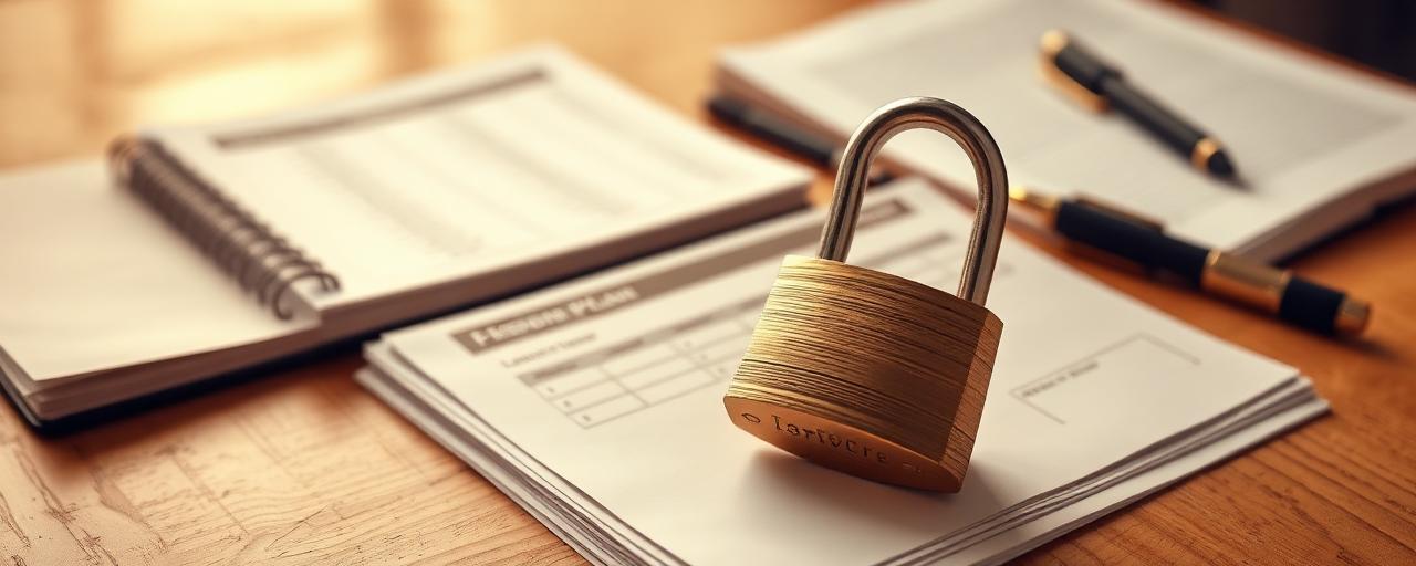 A brass padlock on a stack of lesson plan papers
