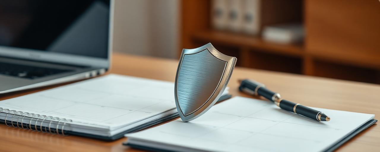 A metal shield beside a teacher's planner and laptop